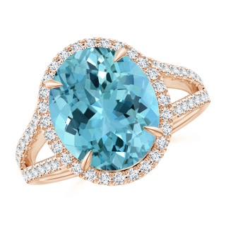 12.11x9.10x6.24mm AAA GIA Certified Oval Aquamarine Split Shank Ring with Halo in 10K Rose Gold