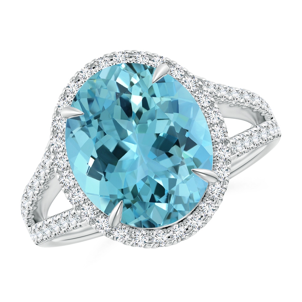 12.11x9.10x6.24mm AAA GIA Certified Oval Aquamarine Split Shank Ring with Halo in 18K White Gold