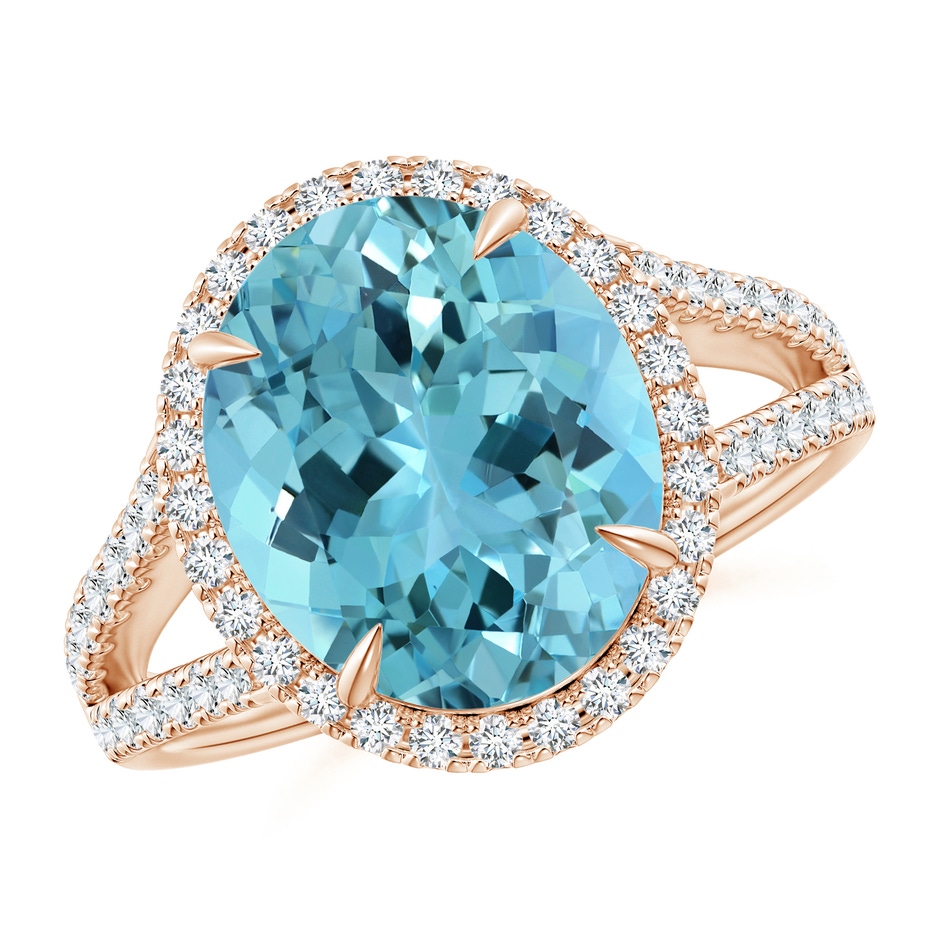 12.11x9.10x6.24mm AAA GIA Certified Oval Aquamarine Split Shank Ring with Halo in Rose Gold 