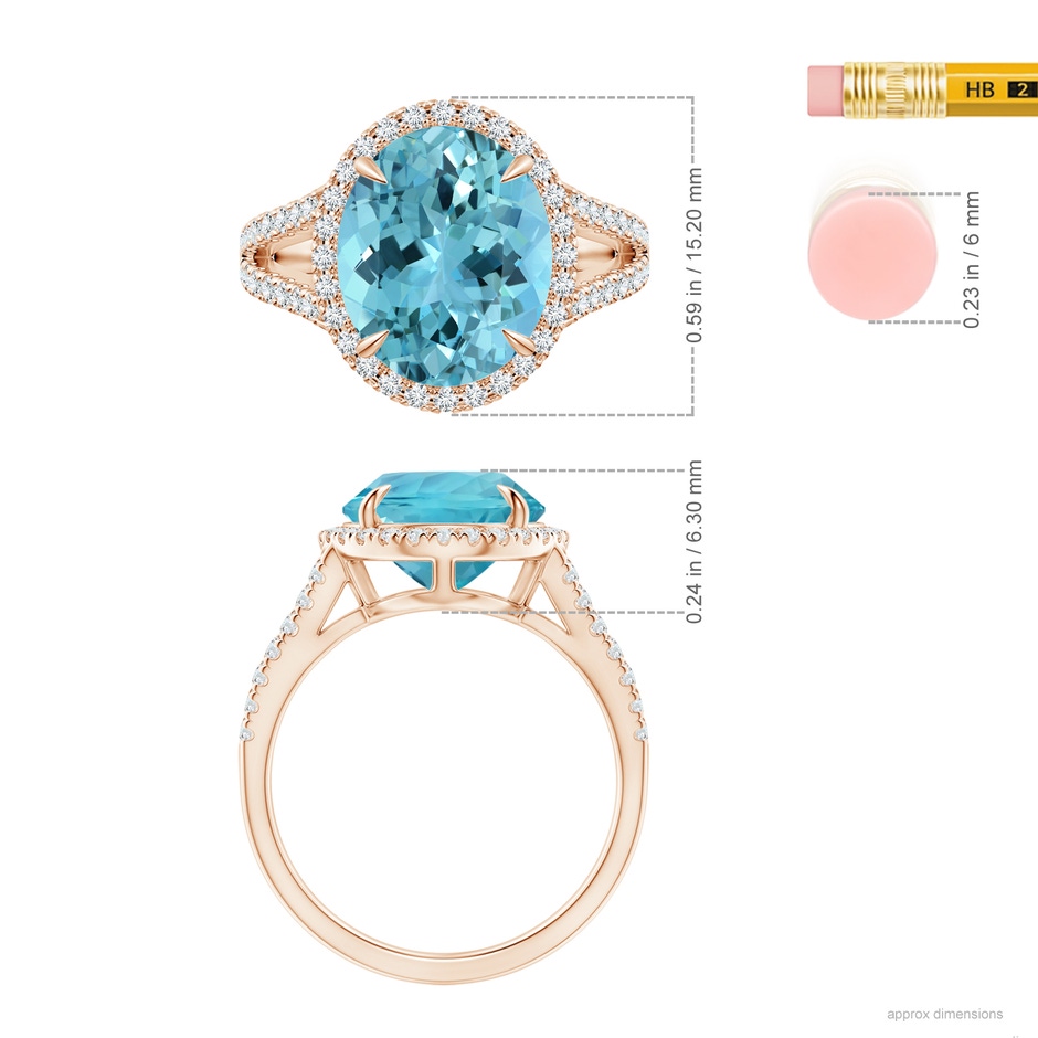 12.11x9.10x6.24mm AAA GIA Certified Oval Aquamarine Split Shank Ring with Halo in Rose Gold ruler