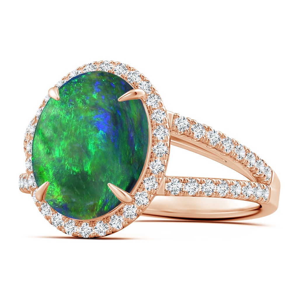 11.68x10.10x3.60mm AAA Oval GIA Certified Black Opal Split Shank Ring with Halo in Rose Gold