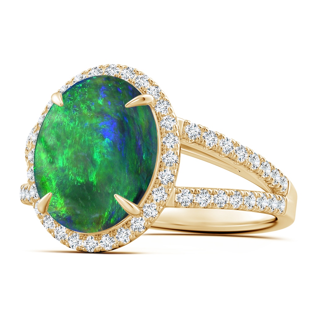 11.68x10.10x3.60mm AAA Oval GIA Certified Black Opal Split Shank Ring with Halo in Yellow Gold