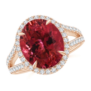 12.18x10.22x7.61mm AAAA GIA Certified Oval Pink Tourmaline Split Shank Ring with Halo in 10K Rose Gold