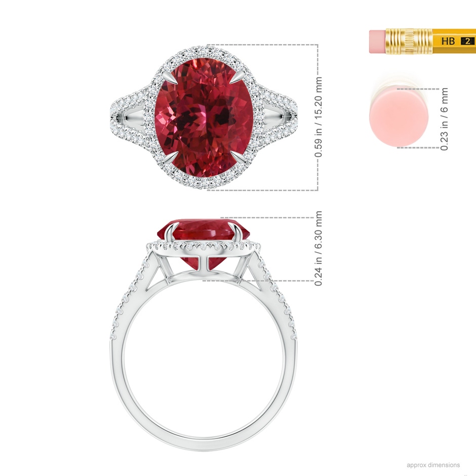12.18x10.22x7.61mm AAAA GIA Certified Oval Pink Tourmaline Split Shank Ring with Halo in 18K White Gold ruler
