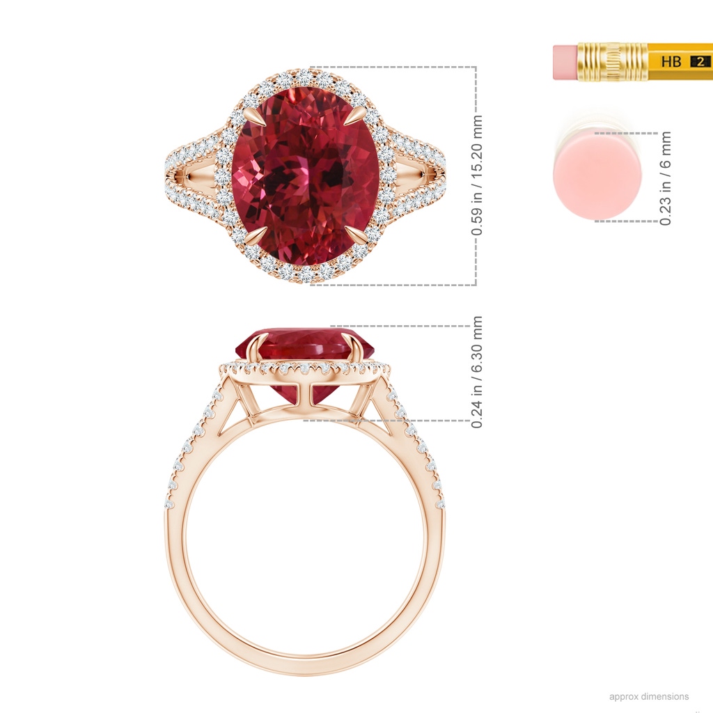 12.18x10.22x7.61mm AAAA GIA Certified Oval Pink Tourmaline Split Shank Ring with Halo in Rose Gold ruler