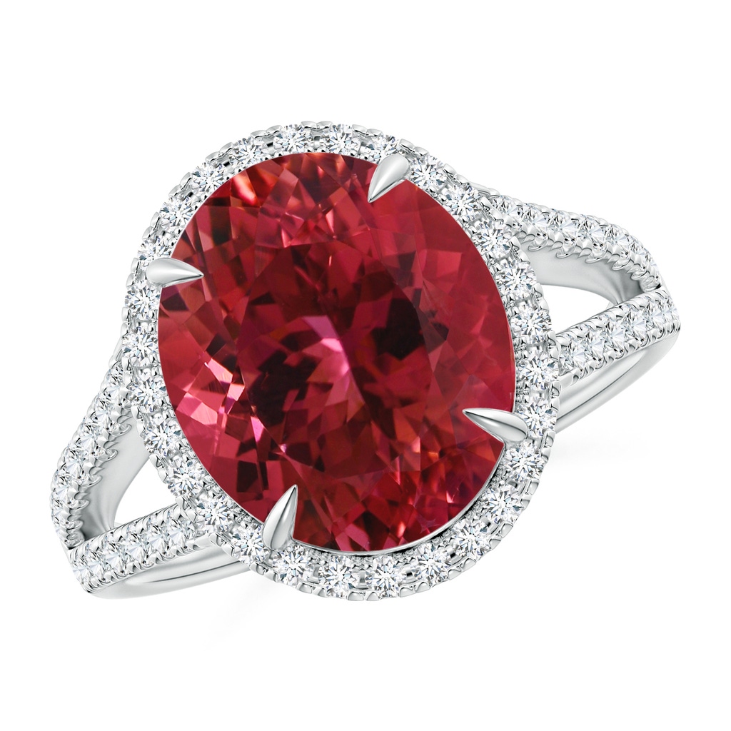 12.18x10.22x7.61mm AAAA GIA Certified Oval Pink Tourmaline Split Shank Ring with Halo in White Gold