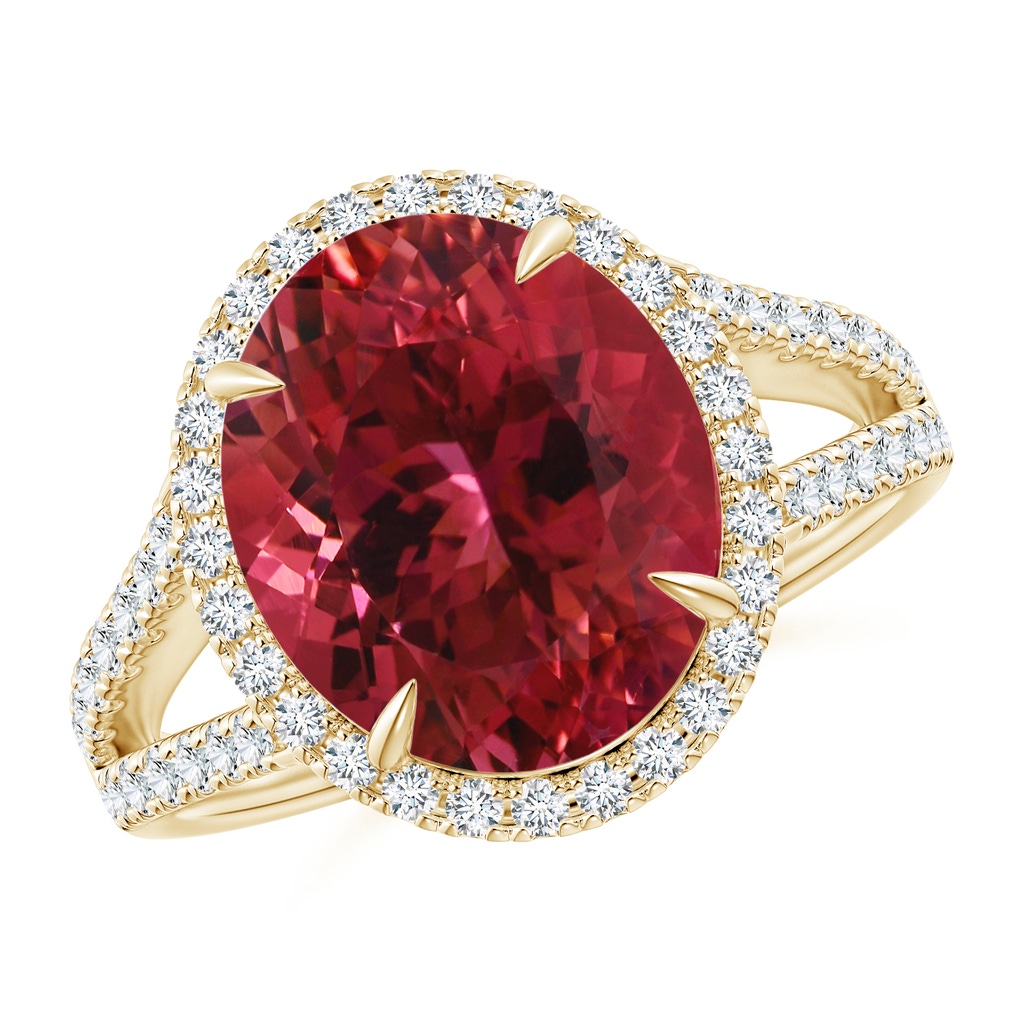 12.18x10.22x7.61mm AAAA GIA Certified Oval Pink Tourmaline Split Shank Ring with Halo in Yellow Gold