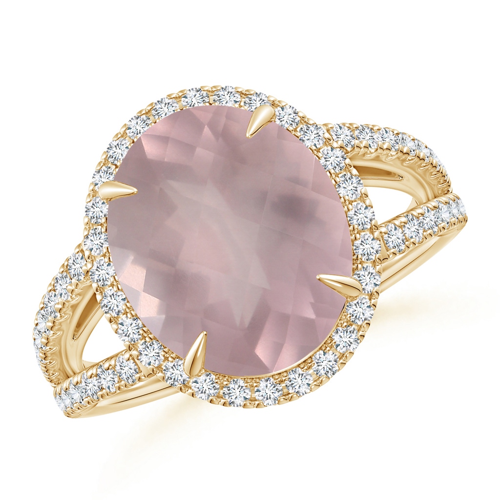 12.14x10.08x6.70mm AAAA Oval GIA Certified Rose Quartz Split Shank Ring with Halo in 10K Yellow Gold