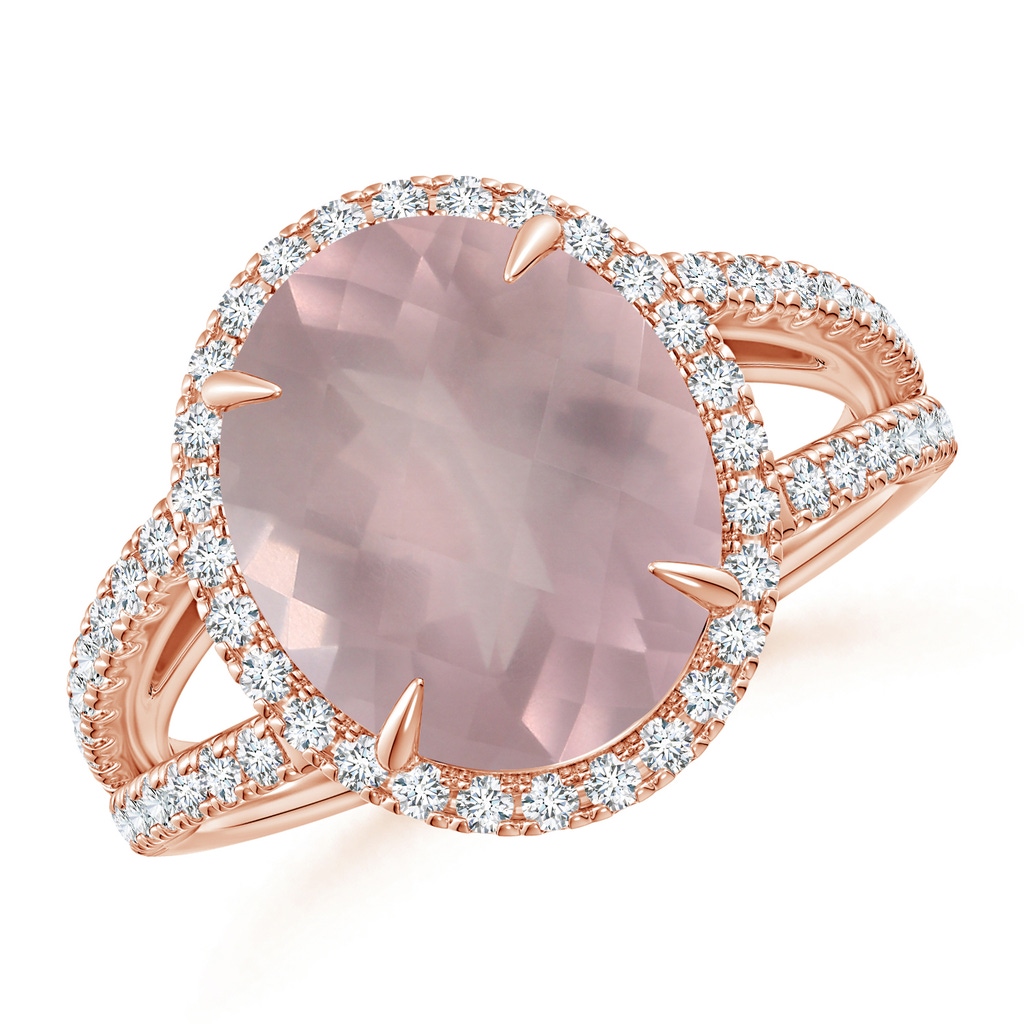 12.14x10.08x6.70mm AAAA Oval GIA Certified Rose Quartz Split Shank Ring with Halo in 18K Rose Gold