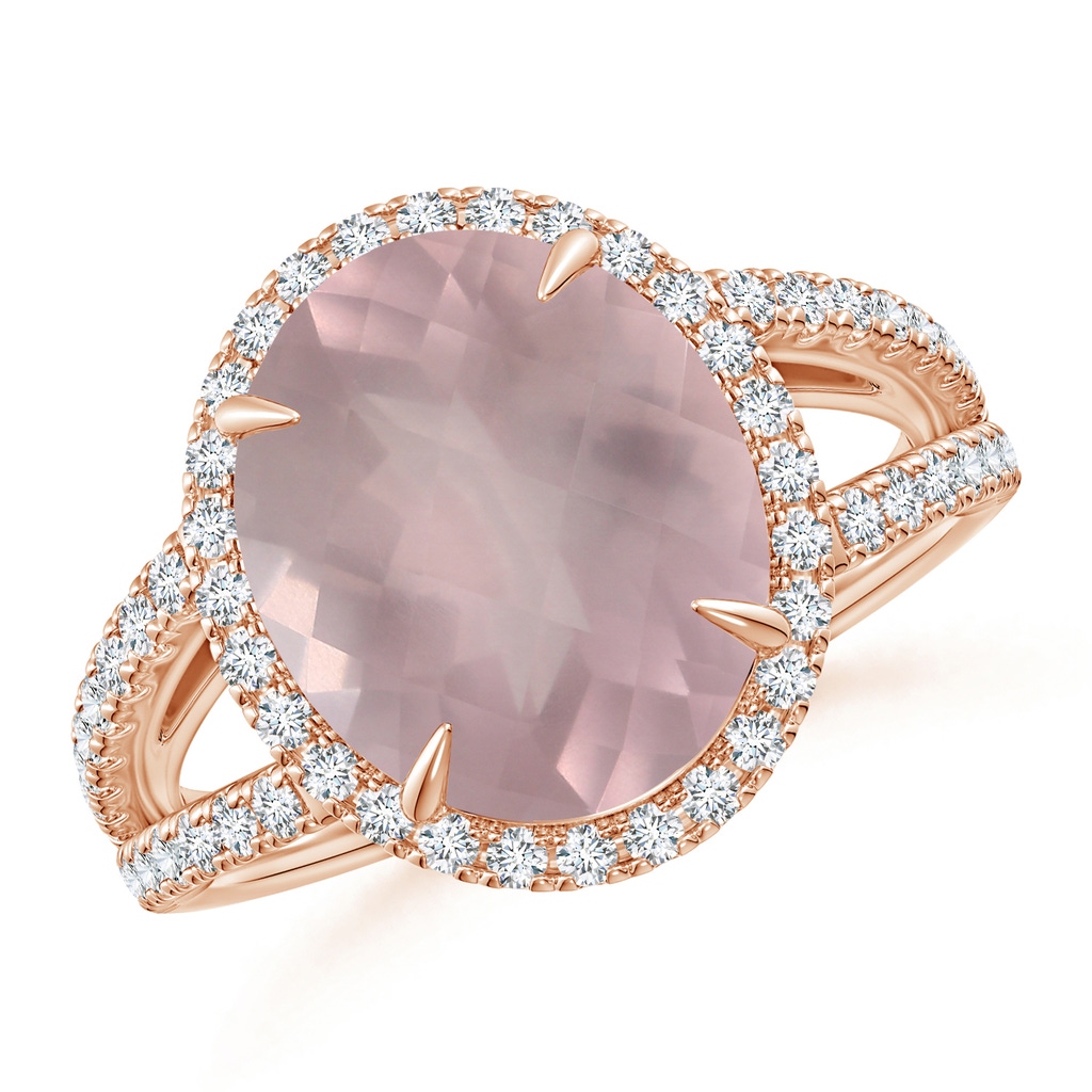 12.14x10.08x6.70mm AAAA Oval GIA Certified Rose Quartz Split Shank Ring with Halo in Rose Gold