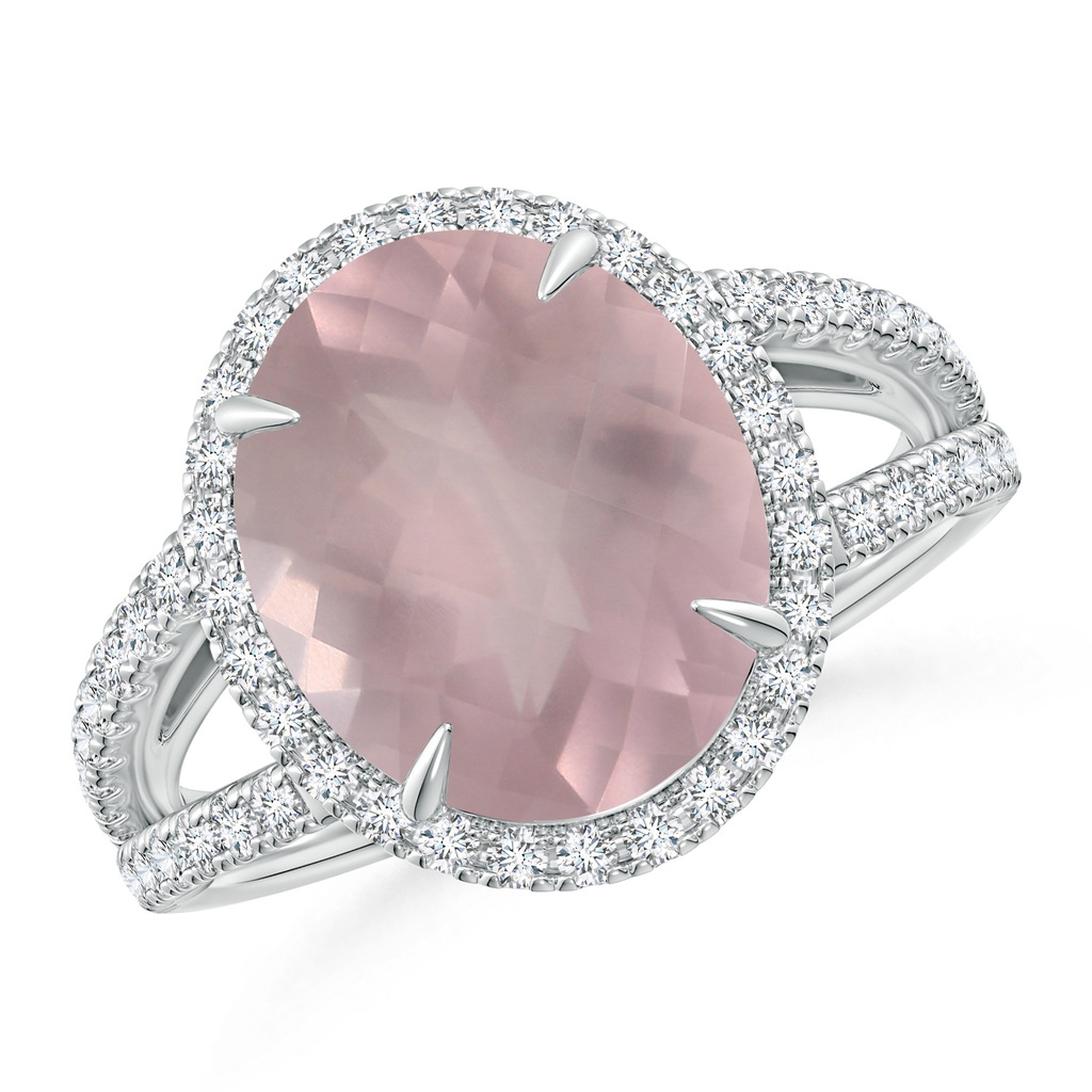 12.14x10.08x6.70mm AAAA Oval GIA Certified Rose Quartz Split Shank Ring with Halo in White Gold