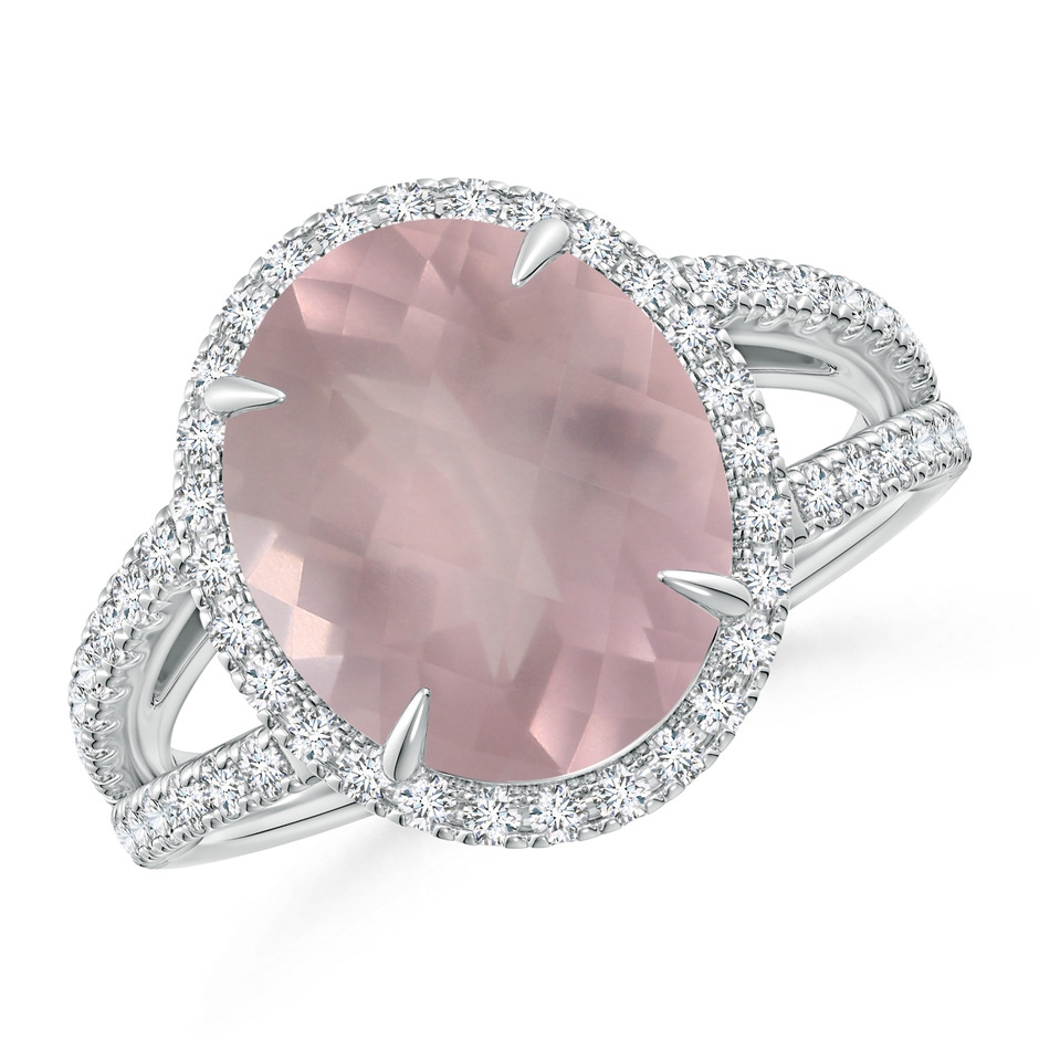 12.14x10.08x6.70mm AAAA Oval GIA Certified Rose Quartz Split Shank Ring with Halo in White Gold 