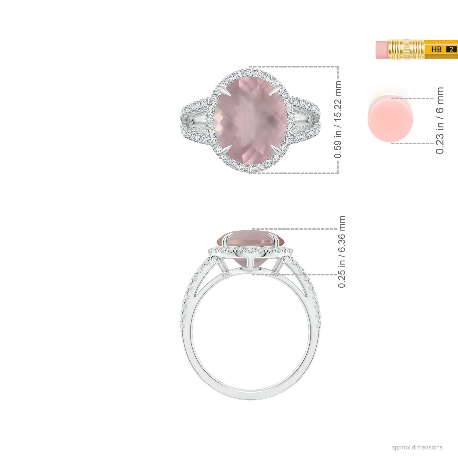 12.14x10.08x6.70mm AAAA Oval GIA Certified Rose Quartz Split Shank Ring with Halo in White Gold - ruler