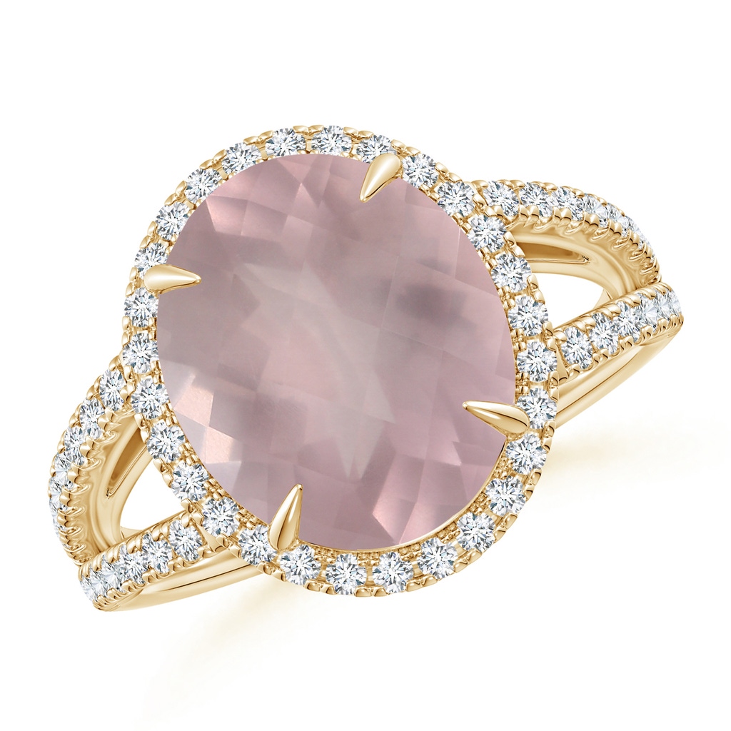 12.14x10.08x6.70mm AAAA Oval GIA Certified Rose Quartz Split Shank Ring with Halo in Yellow Gold