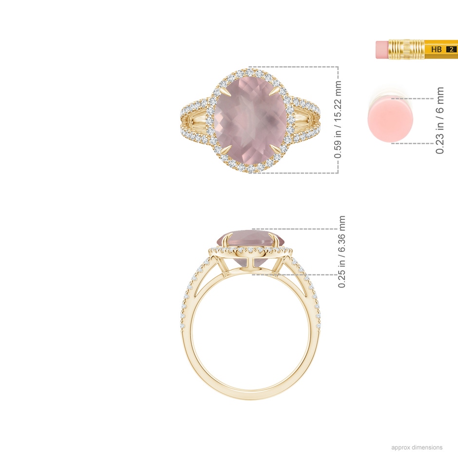 12.14x10.08x6.70mm AAAA Oval GIA Certified Rose Quartz Split Shank Ring with Halo in Yellow Gold ruler