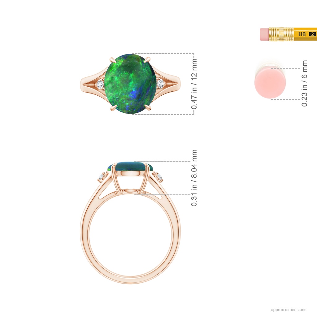 11.68x10.10x3.60mm AAA GIA Certified Oval Black Opal Ring with Diamond Accents in Rose Gold ruler