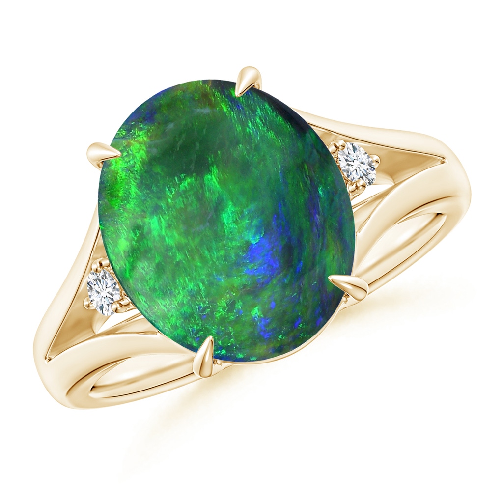 11.68x10.10x3.60mm AAA GIA Certified Oval Black Opal Ring with Diamond Accents in Yellow Gold