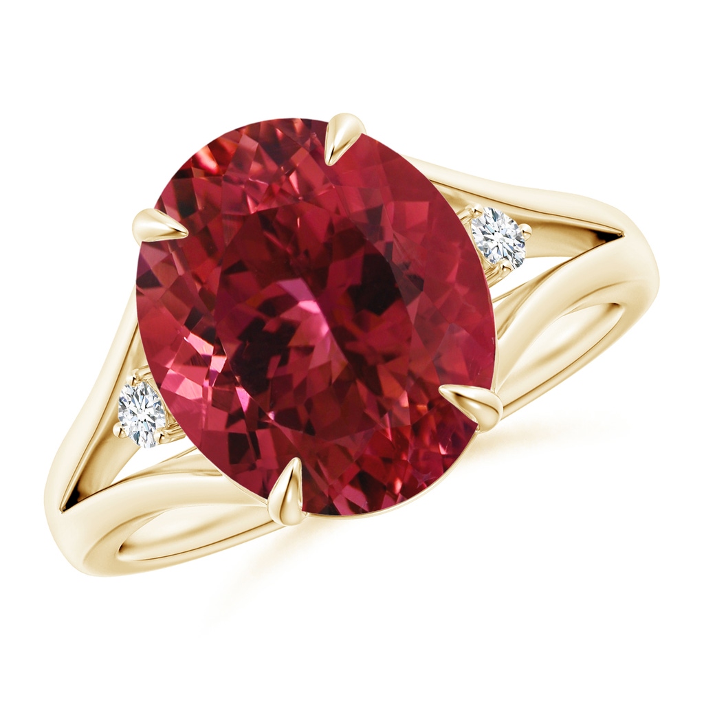 12.18x10.22x7.61mm AAAA GIA Certified Oval Pink Tourmaline Ring with Diamond Accents in Yellow Gold