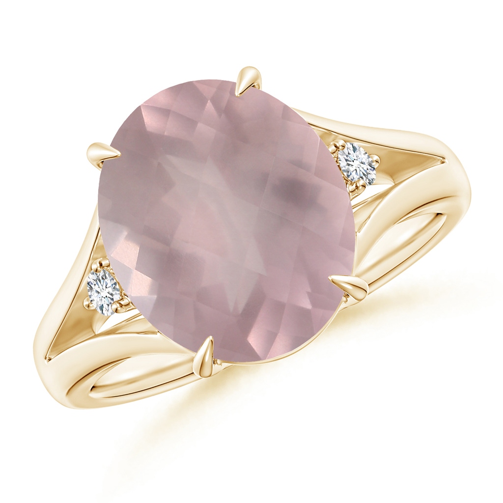 12.14x10.08x6.70mm AAAA GIA Certified Oval Rose Quartz Ring with Diamond Accents in Yellow Gold