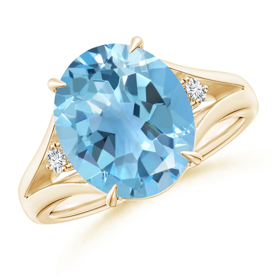 12x10mm A Oval Swiss Blue Topaz Ring with Diamond Accents in Yellow Gold 