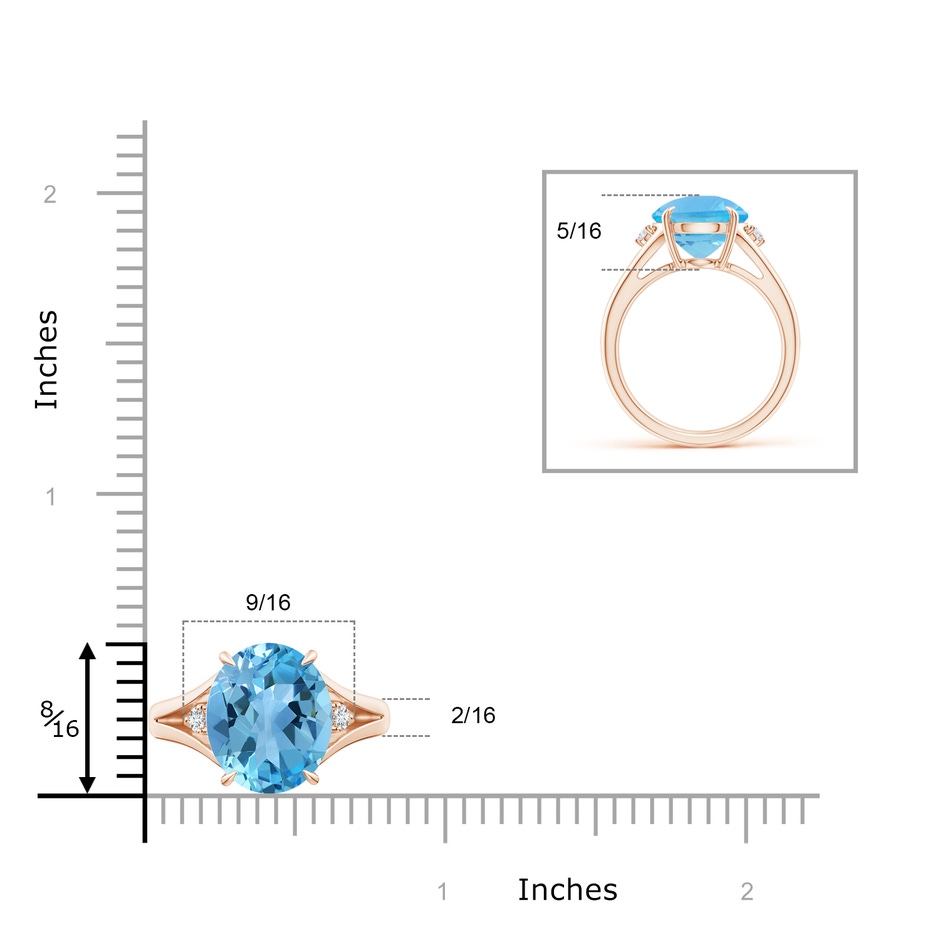 12x10mm AA Oval Swiss Blue Topaz Ring with Diamond Accents in Rose Gold ruler