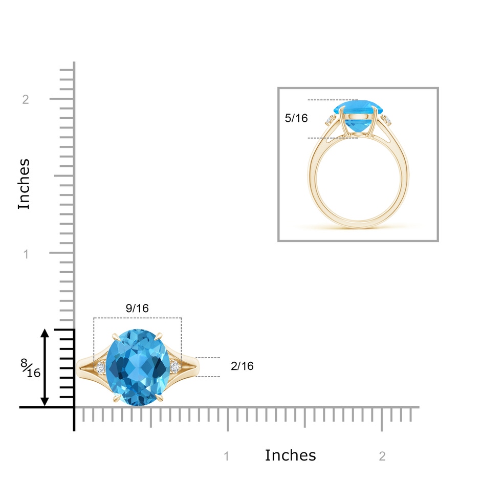 12x10mm AAA Oval Swiss Blue Topaz Ring with Diamond Accents in Yellow Gold ruler