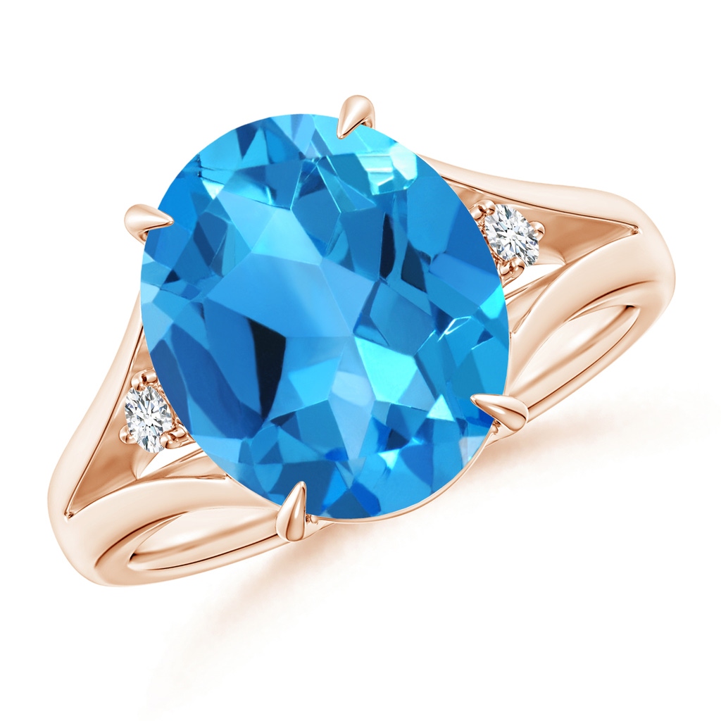 12x10mm AAAA Oval Swiss Blue Topaz Ring with Diamond Accents in Rose Gold