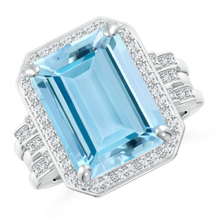 13.16x11.11x7.42mm AAAA GIA Certified Emerald Cut Aquamarine Brick Pattern Halo Ring in 18K White Gold