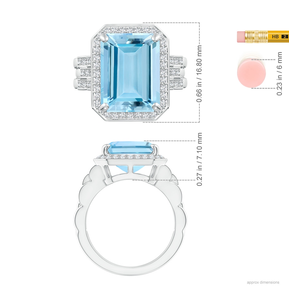 13.16x11.11x7.42mm AAAA GIA Certified Emerald Cut Aquamarine Brick Pattern Halo Ring in 18K White Gold ruler