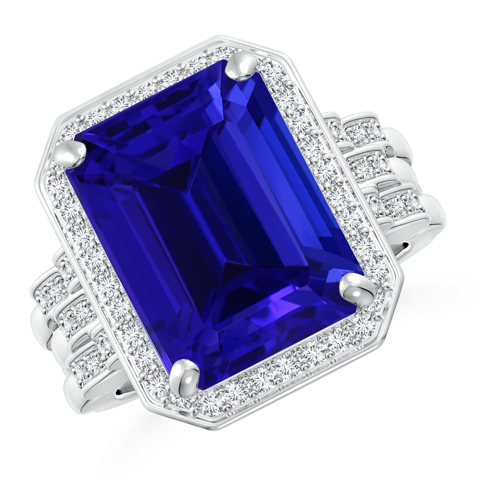 13.4x11.90mm AAAA GIA Certified Emerald Cut Tanzanite Brick Pattern Halo Ring  in 18K White Gold 