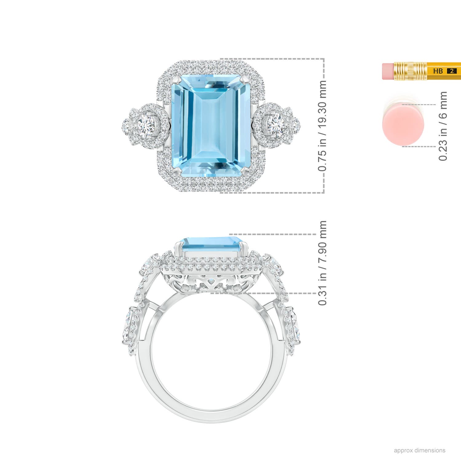 13.16x11.11x7.42mm AAAA GIA Certified Aquamarine Ring with Round & Marquise Diamonds in 18K White Gold - ruler