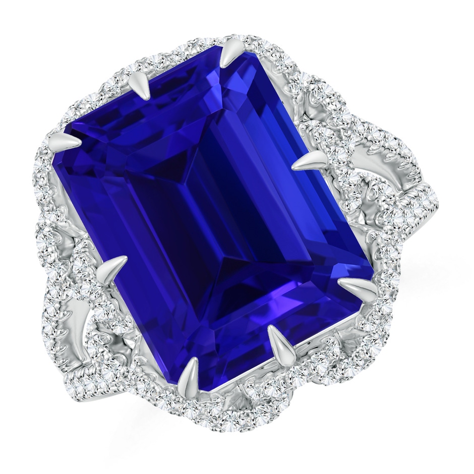 13.4x11.90mm AAAA GIA Certified Emerald Cut Tanzanite Floral Split Shank Ring in 18K White Gold 