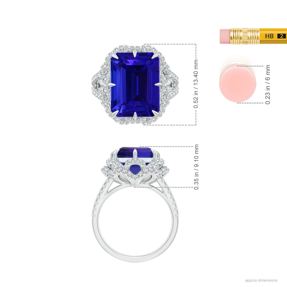 13.4x11.90mm AAAA GIA Certified Emerald Cut Tanzanite Floral Split Shank Ring in 18K White Gold Ruler