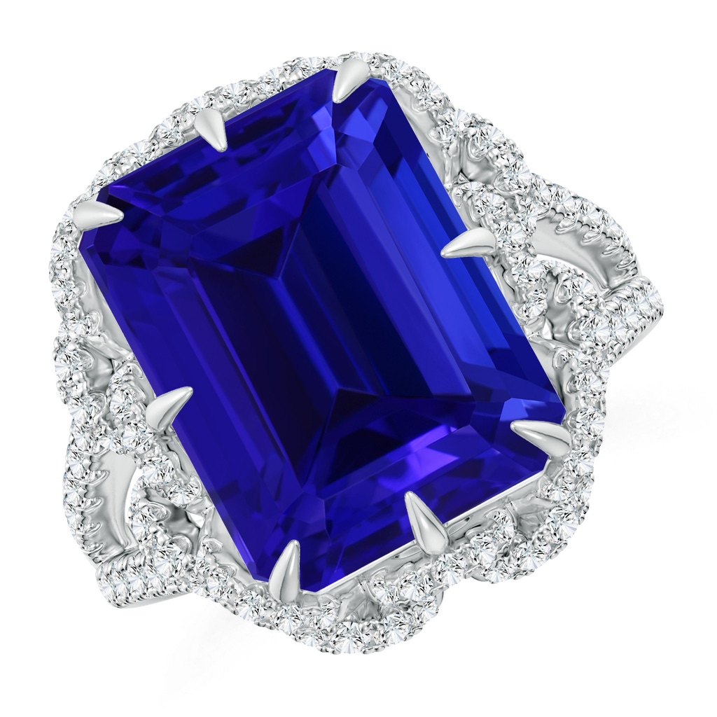 13.4x11.90mm AAAA GIA Certified Emerald Cut Tanzanite Floral Split Shank Ring in White Gold