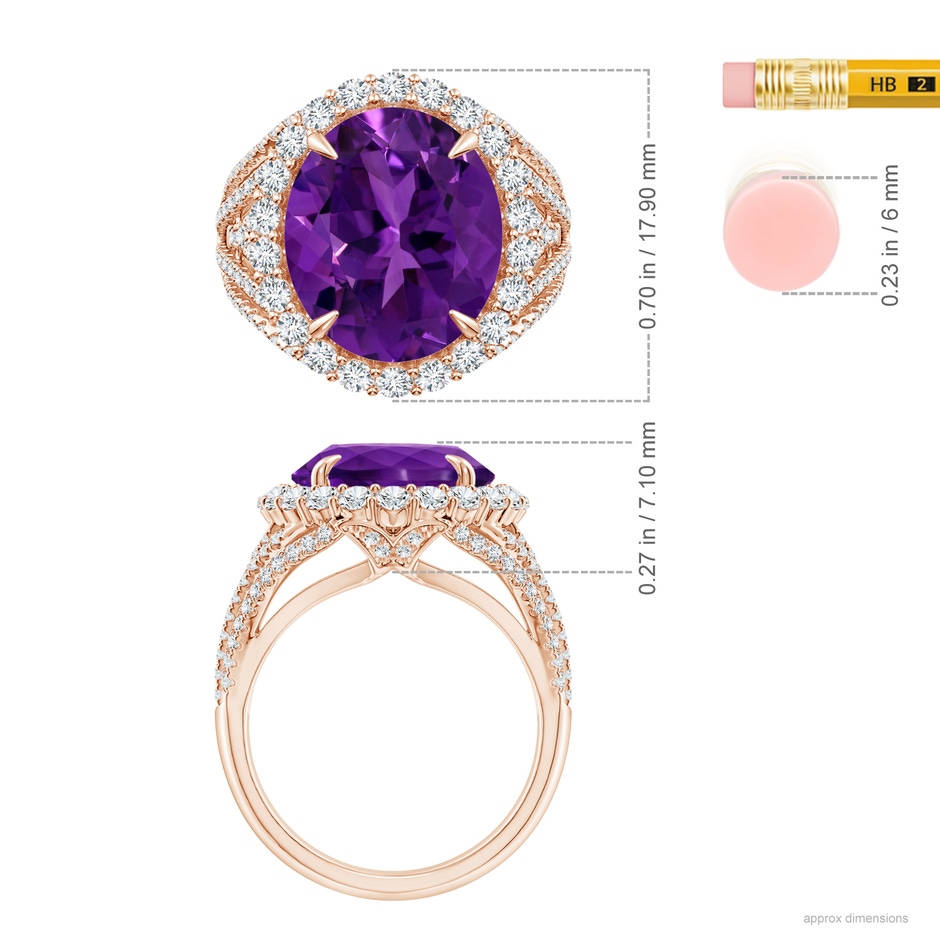 14.00x9.98x7.47mm AAA GIA Certified Oval Amethyst Halo Ring with V-Shaped Shank in Rose Gold ruler