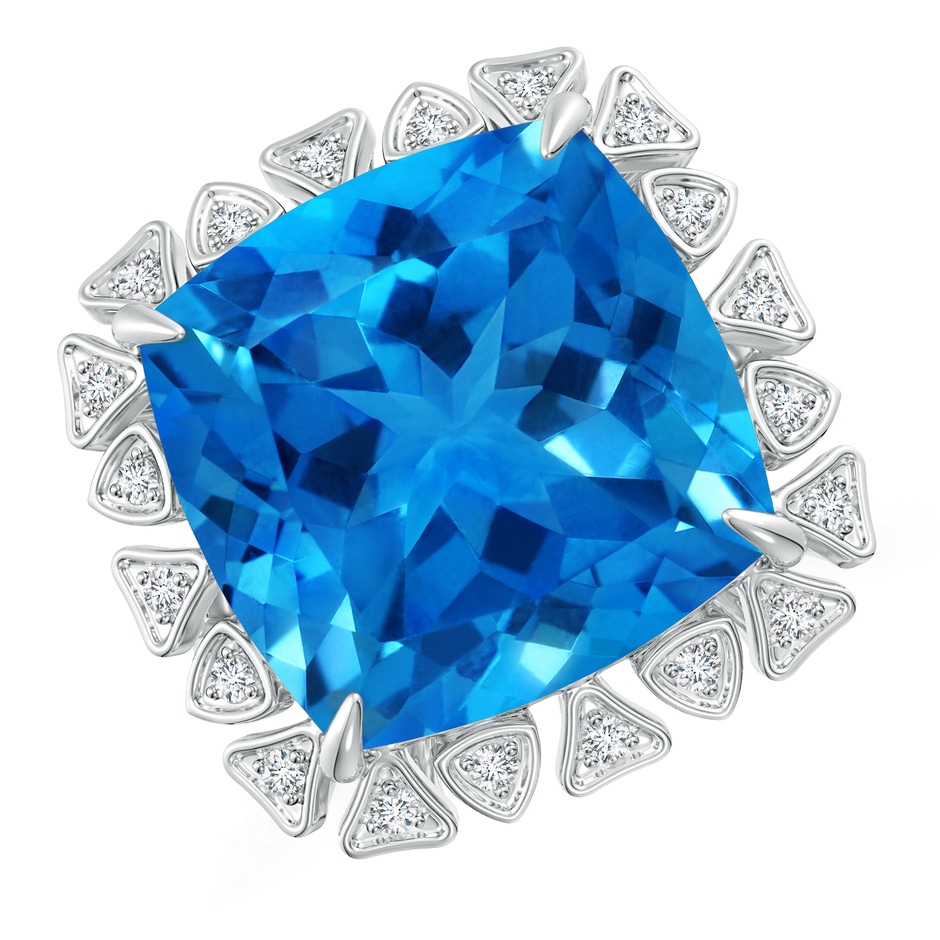 16.05x16.02x10.74mm AAAA GIA Certified Cushion Swiss Blue Topaz Ring with Triangular Motif Halo in 18K White Gold 