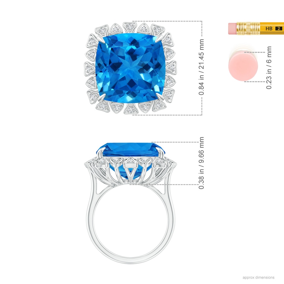 16.05x16.02x10.74mm AAAA GIA Certified Cushion Swiss Blue Topaz Ring with Triangular Motif Halo in 18K White Gold ruler