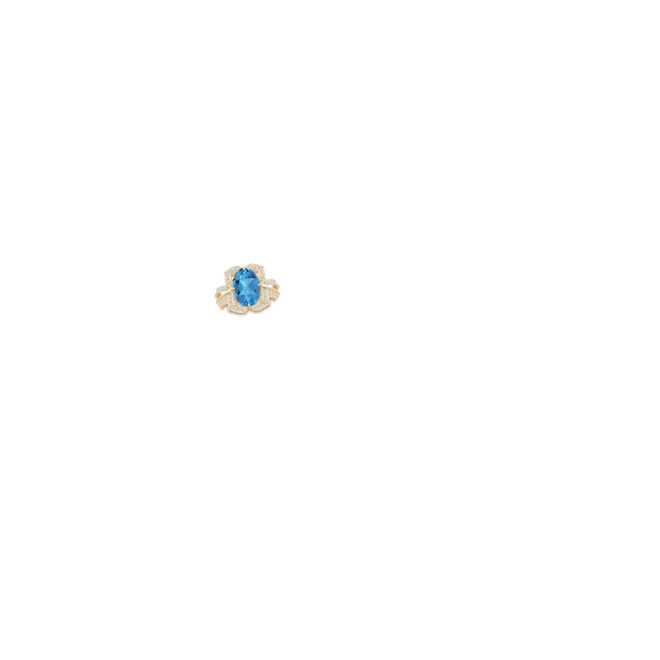 11.99x7.92x4.98mm AAAA GIA Certified Oval Swiss Blue Topaz Floral Cocktail Ring in Yellow Gold hand