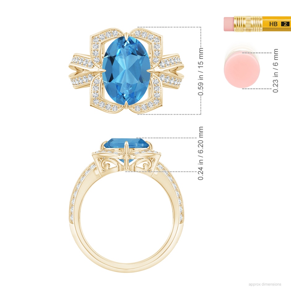 11.99x7.92x4.98mm AAAA GIA Certified Oval Swiss Blue Topaz Floral Cocktail Ring in Yellow Gold ruler