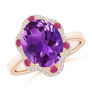 11x9mm AAAA Amethyst Floral Cocktail Ring with Reverse Tapered Shank in Rose Gold