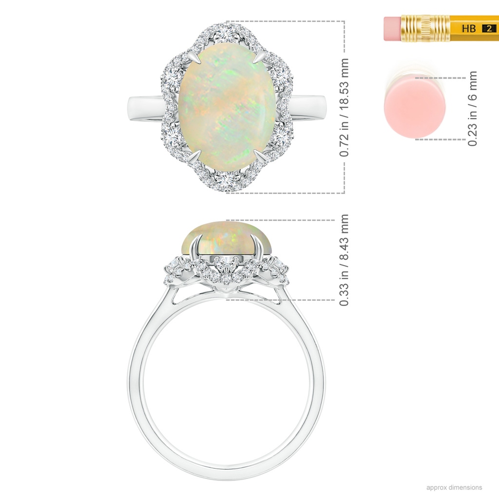 12.90x10.53x4.24mm AAA GIA Certified Opal Floral Ring with Reverse Tapered Shank in 18K White Gold Ruler