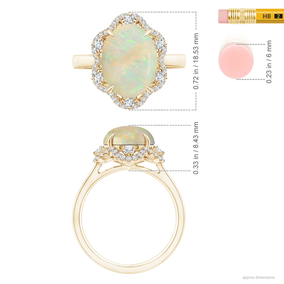 12.90x10.53x4.24mm AAA GIA Certified Opal Floral Ring with Reverse Tapered Shank in Yellow Gold ruler