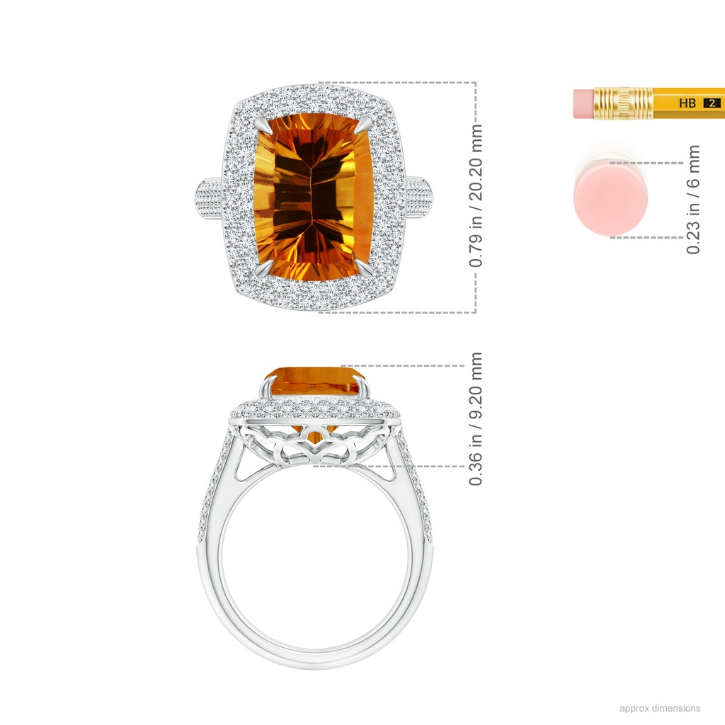 14.08x10.01x7.08mm AAAA GIA Certified Claw-Set Citrine Double Halo Ring in White Gold ruler