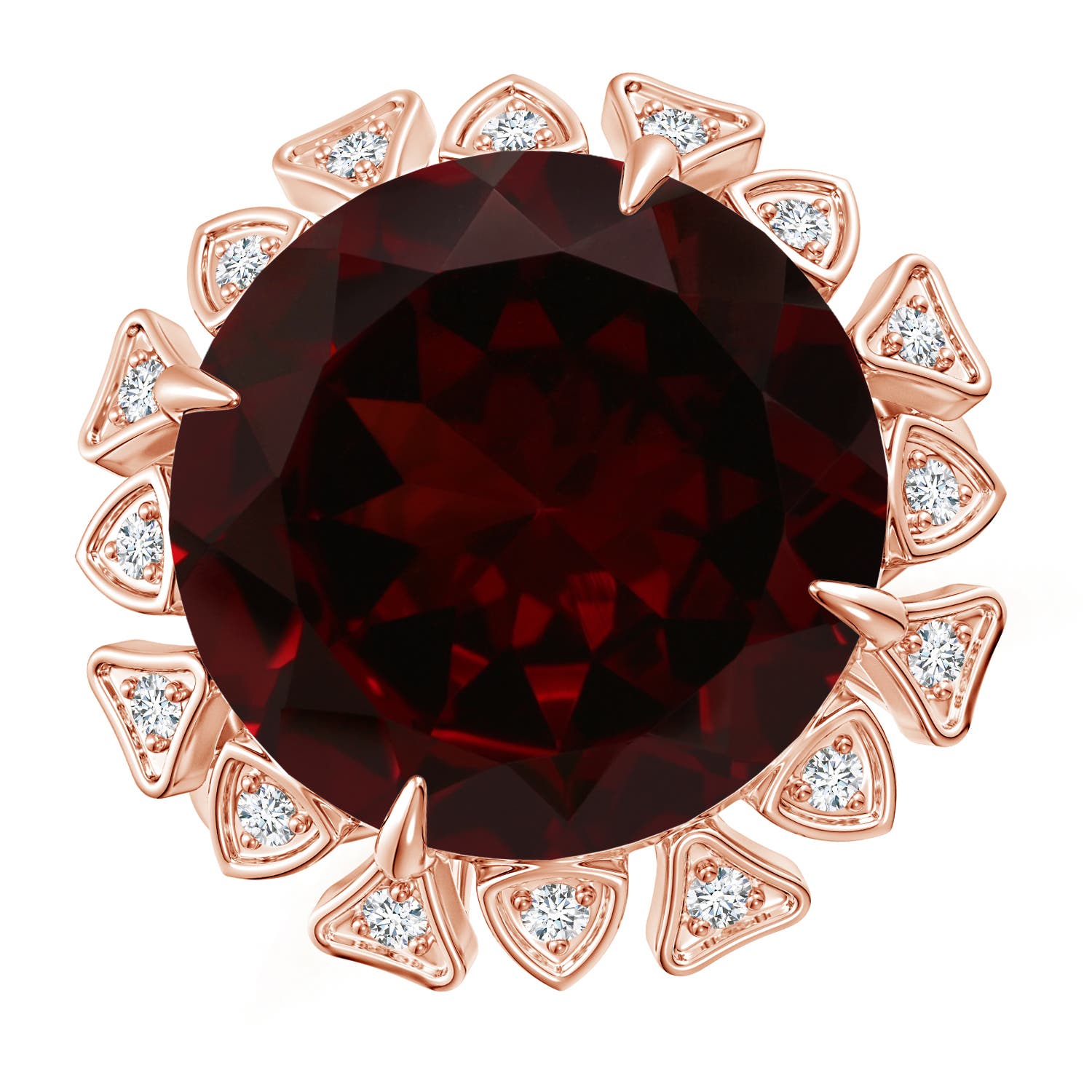 14.89-15.07x8.09mm AAAA GIA Certified Round Garnet Ring with Triangular Motif Halo in 18CT Rose Gold