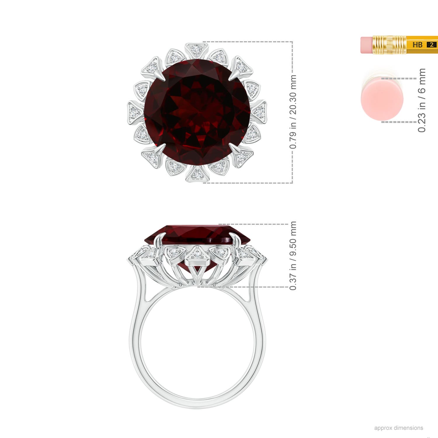 14.89-15.07x8.09mm AAAA GIA Certified Round Garnet Ring with Triangular Motif Halo in 18CT White Gold - ruler