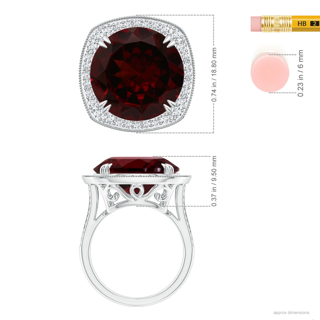 15x15mm AAAA GIA Certified Round Garnet Cocktail Ring with Cushion Halo in 18K White Gold Ruler