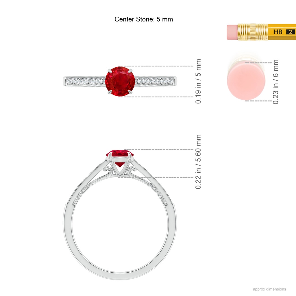 5mm AAA Vintage Inspired Claw-Set Round Ruby Solitaire Ring in White Gold Ruler