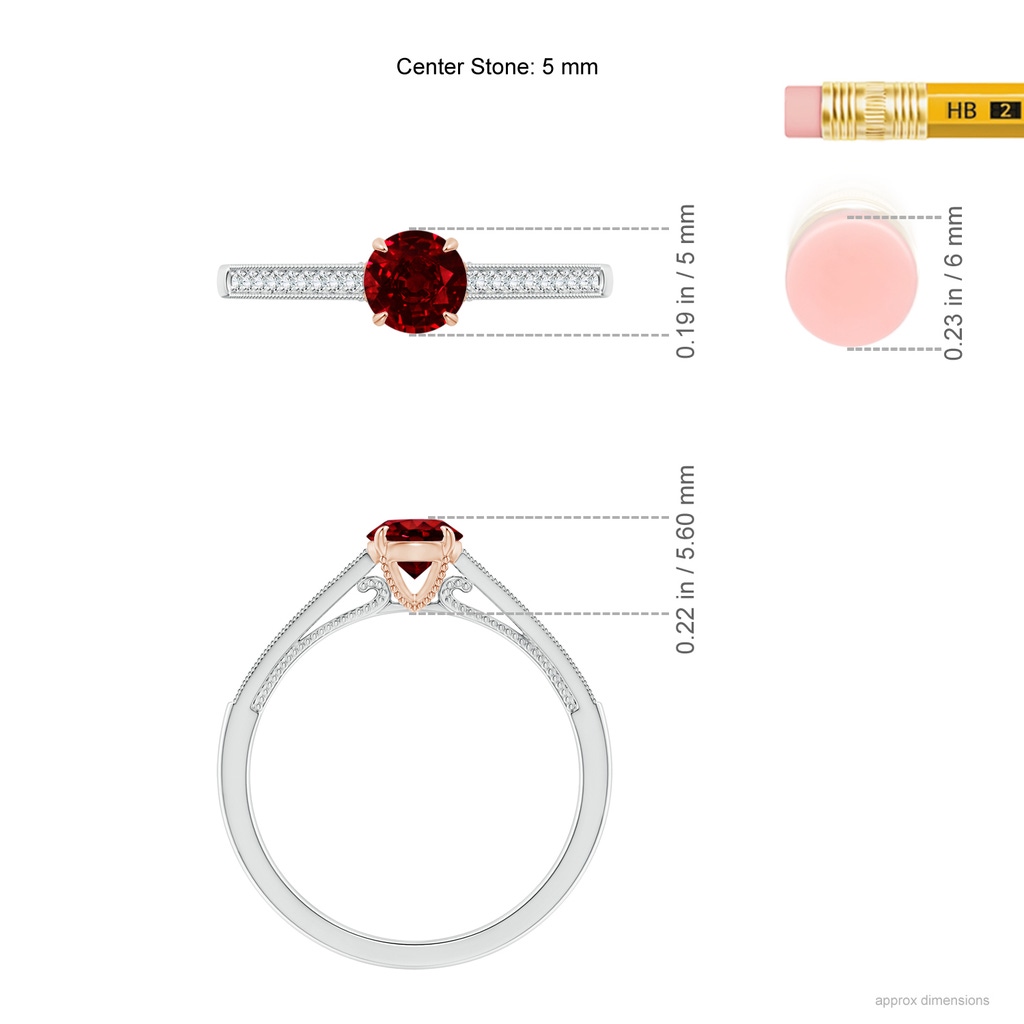 5mm AAAA Vintage Inspired Claw-Set Round Ruby Solitaire Ring in White Gold Rose Gold Ruler