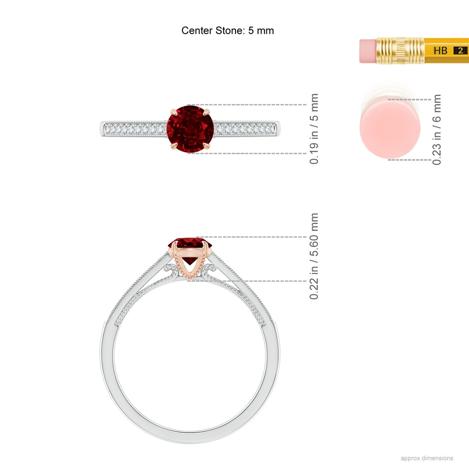 5mm AAAA Vintage Inspired Claw-Set Round Ruby Solitaire Ring in White Gold Rose Gold ruler