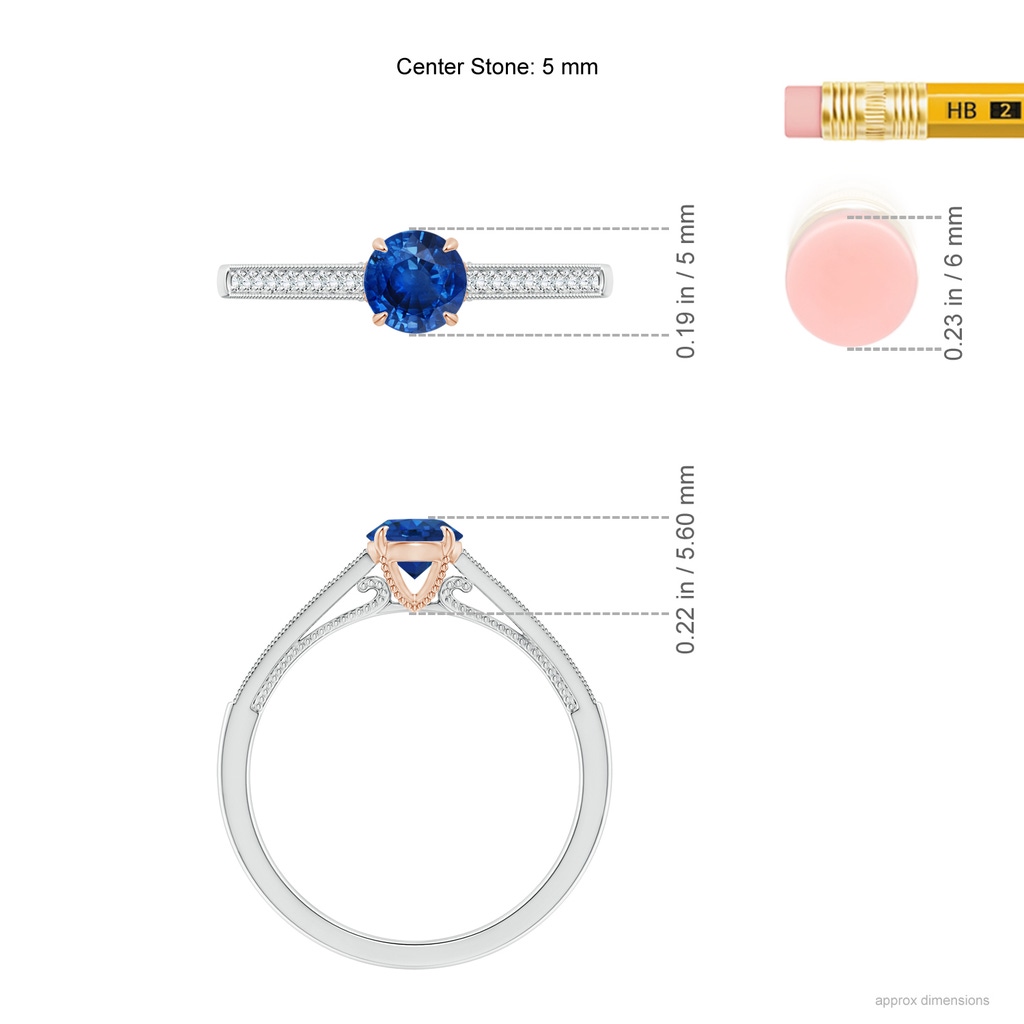 5mm AAA Vintage Inspired Claw-Set Round Sapphire Solitaire Ring in White Gold Rose Gold Ruler